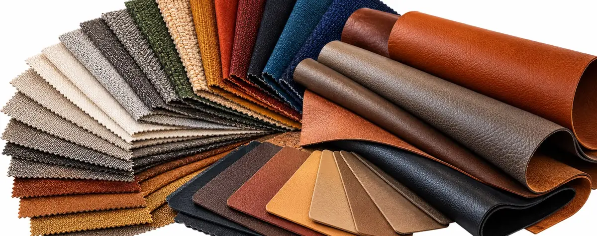 Waaier van stofstalen in grijs, groen, oker, rood en blauw, naast leerstalen in cognac, bruin en zwart.